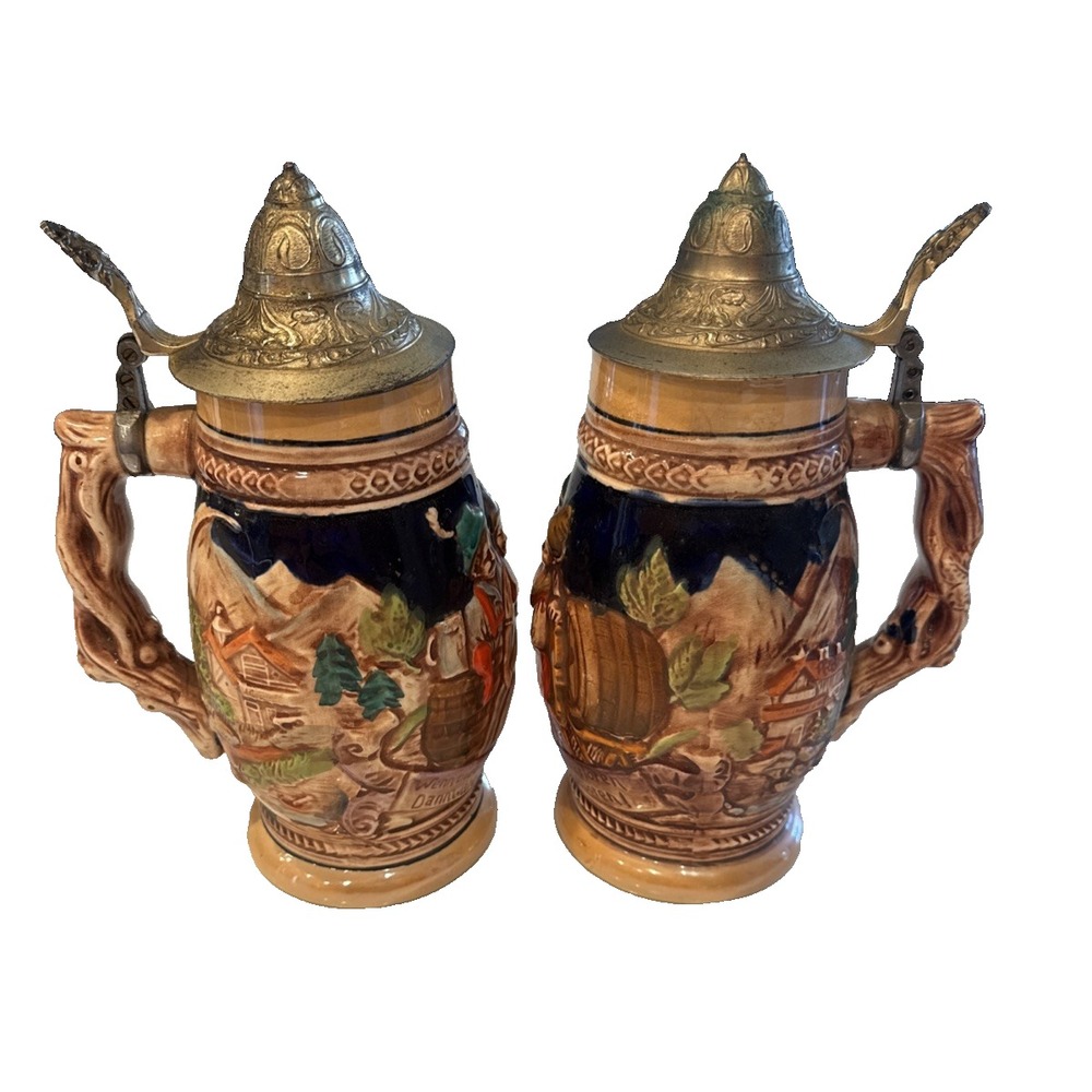 Vintage West German Beer Steins Set Pair Lidded Relief Ceramic Tavern Scene Art